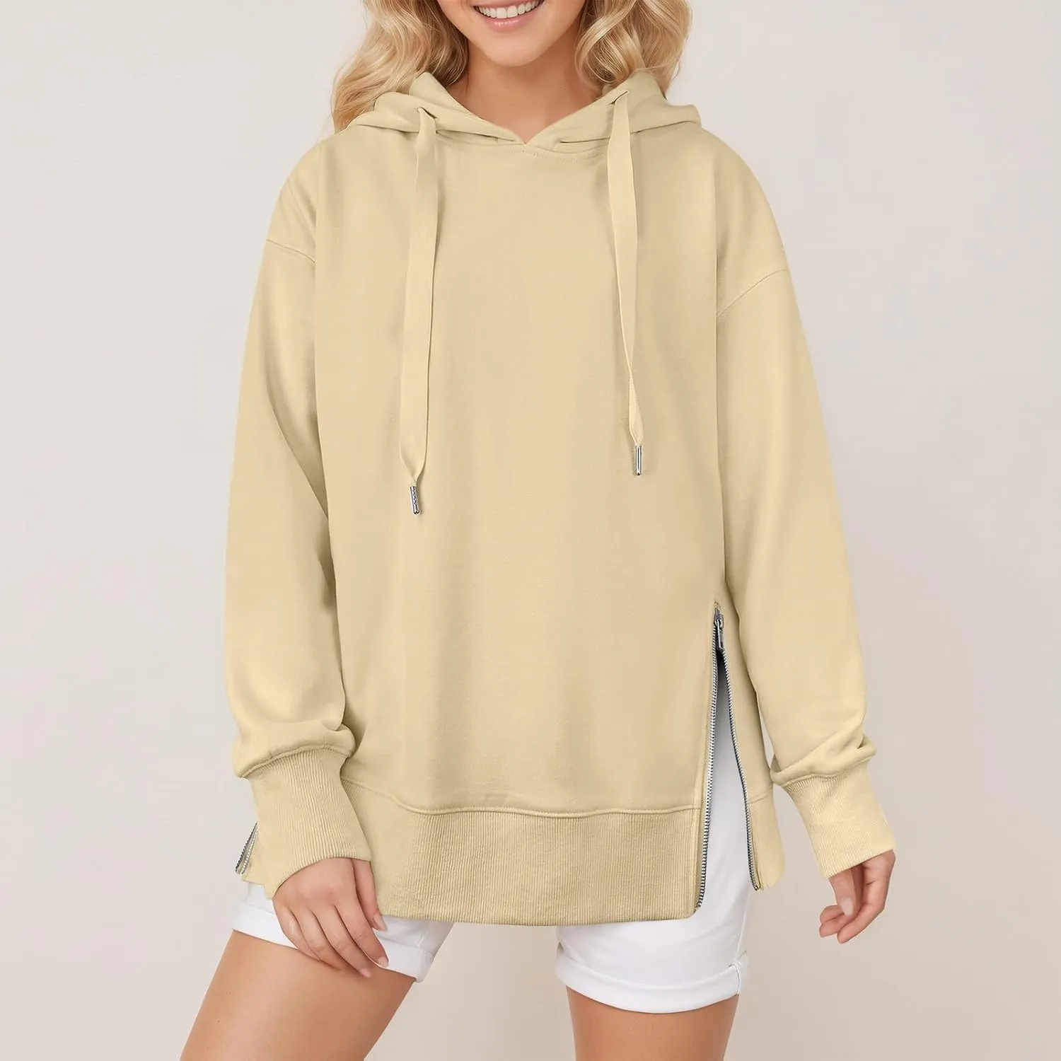 COTECRAM Women Oversized Hoodies Side Zipper Casual Sweatshirts Lightweight Tunic Pullover 2024 Fall Long Sleeve Shirts