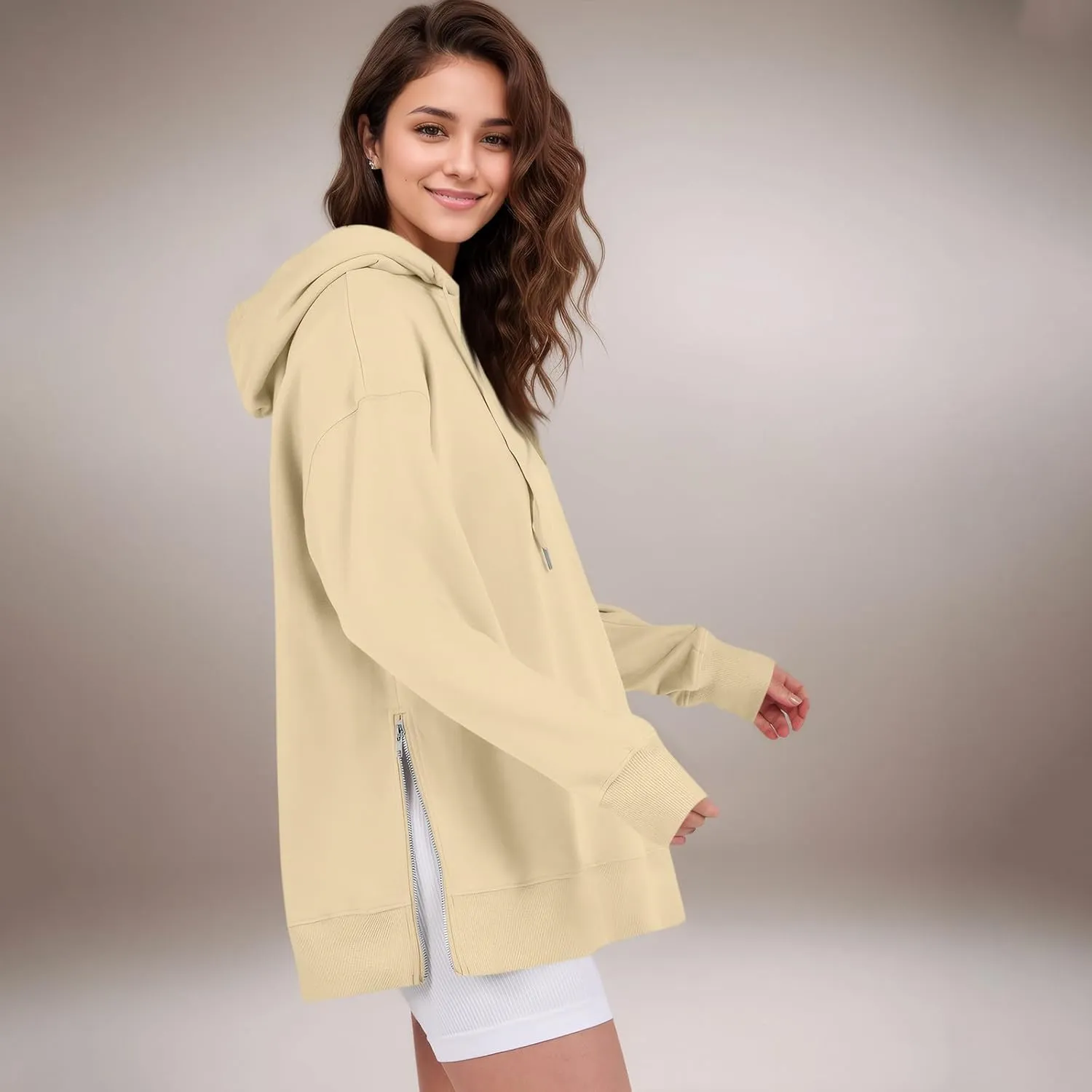 COTECRAM Women Oversized Hoodies Side Zipper Casual Sweatshirts Lightweight Tunic Pullover 2024 Fall Long Sleeve Shirts