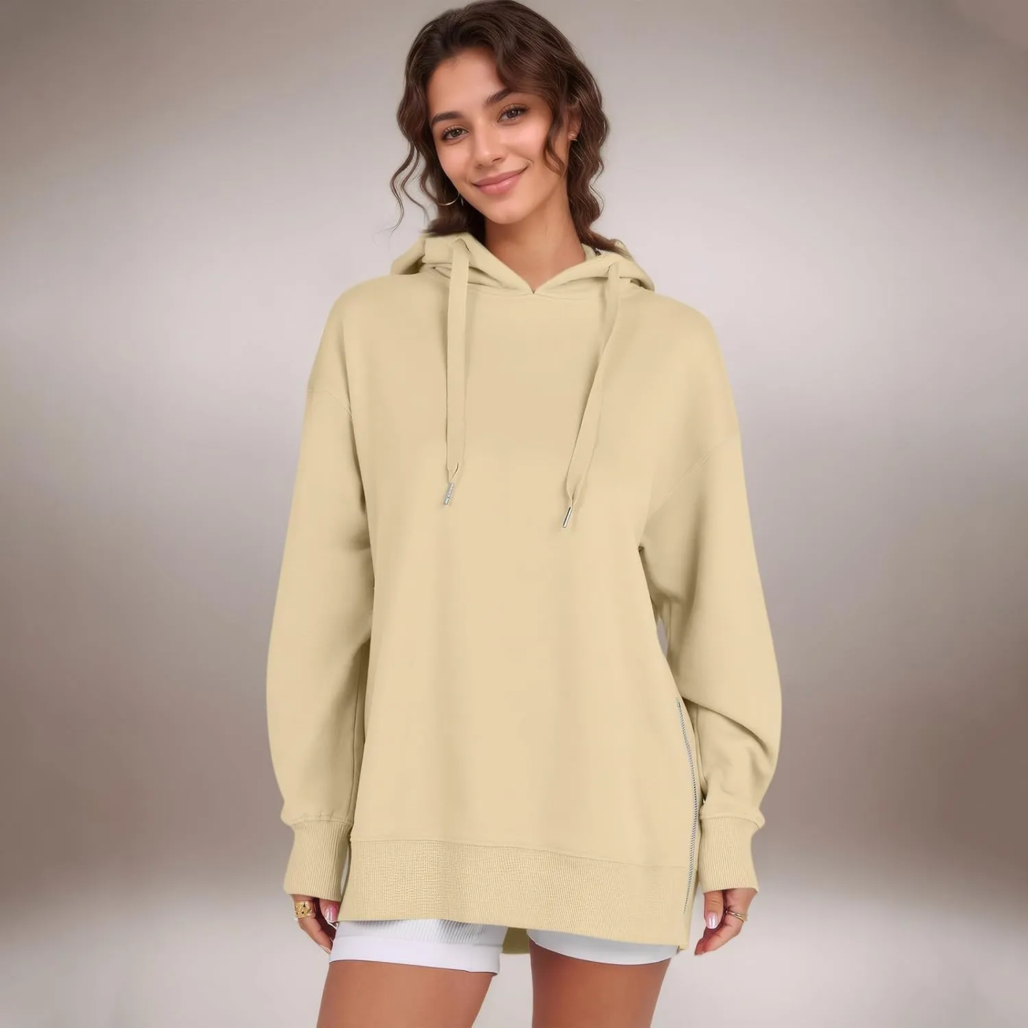 COTECRAM Women Oversized Hoodies Side Zipper Casual Sweatshirts Lightweight Tunic Pullover 2024 Fall Long Sleeve Shirts