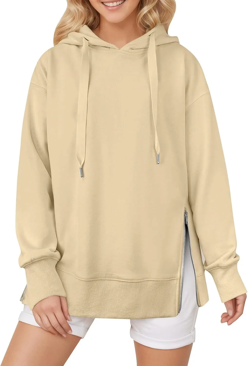 COTECRAM Women Oversized Hoodies Side Zipper Casual Sweatshirts Lightweight Tunic Pullover 2024 Fall Long Sleeve Shirts