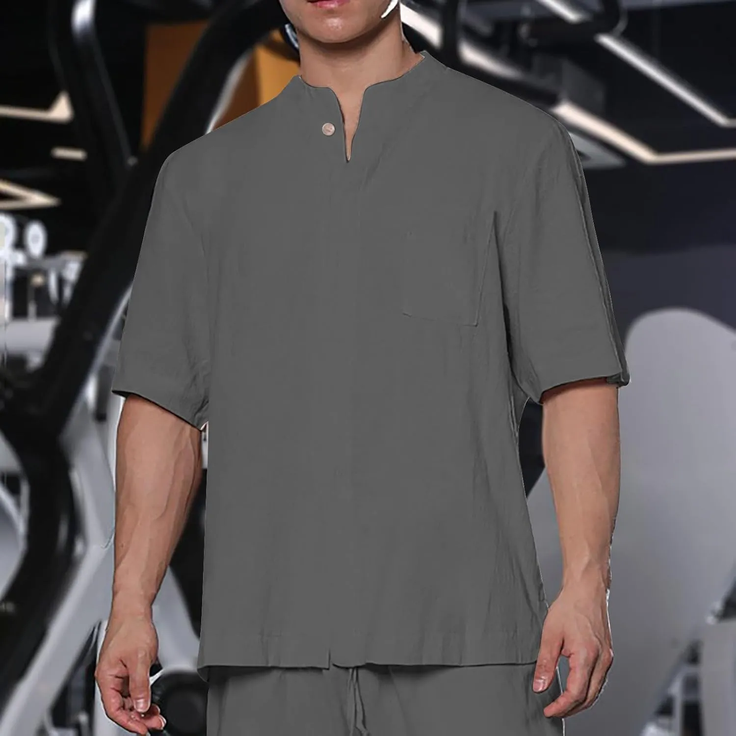 Cotton Linen Shirts for Men Casual V Neck Short Sleeve Henley Tops 2025 Summer Lightweight Gym Workout Athletic Tees
