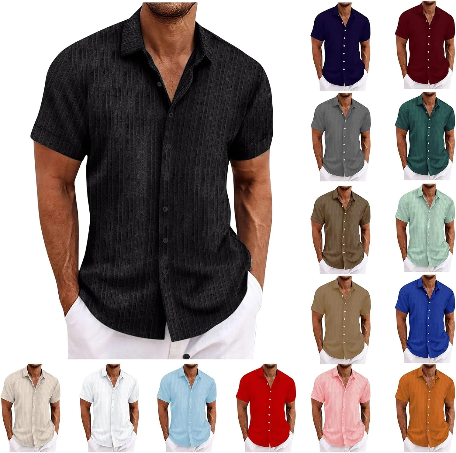 Cotton Linen Shirts for Men Vertical Stripe Short Sleeve T Shirt Solid Spread Collar Tees Summer Beach Vacation Tops