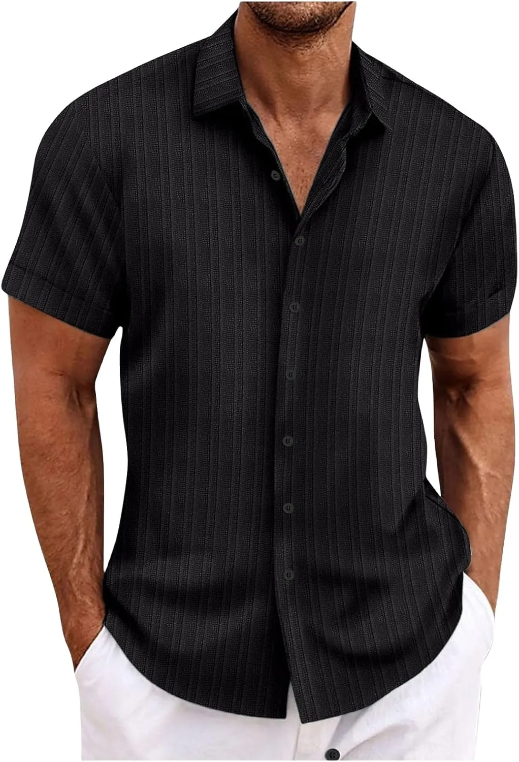 Cotton Linen Shirts for Men Vertical Stripe Short Sleeve T Shirt Solid Spread Collar Tees Summer Beach Vacation Tops