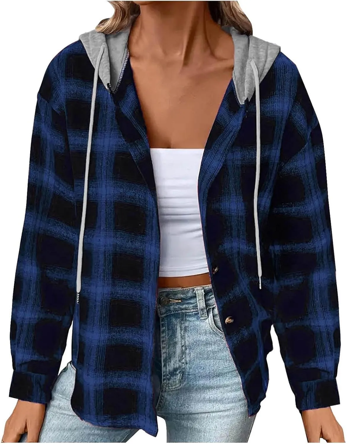 Cotton Women's Plaid Hooded Shirt Jacket Button Down Shacket Drawstring Hooded Fall Streetwear Leisure Commuting