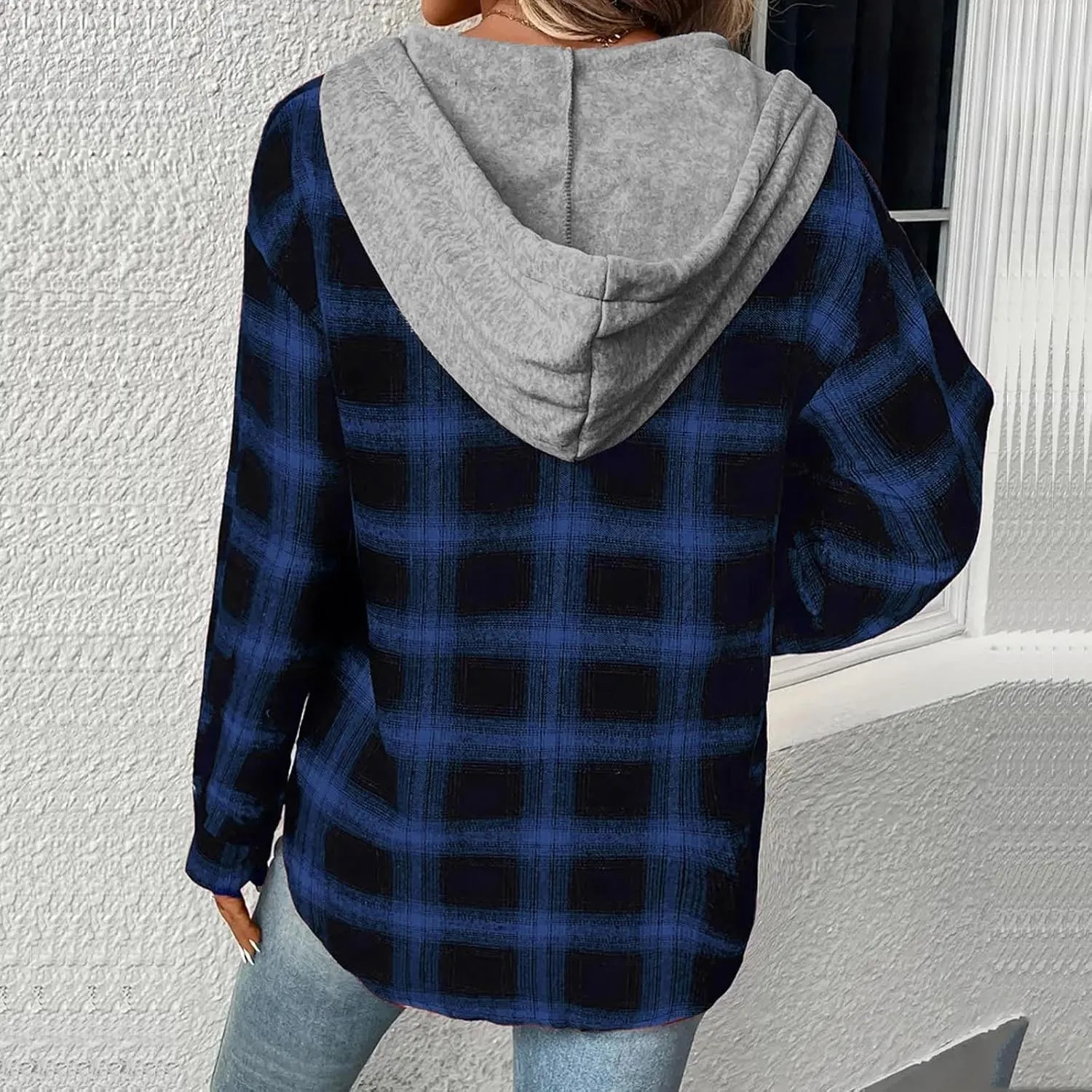 Cotton Women's Plaid Hooded Shirt Jacket Button Down Shacket Drawstring Hooded Fall Streetwear Leisure Commuting