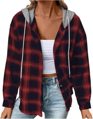Cotton Women's Plaid Hooded Shirt Jacket Button Down Shacket Drawstring Hooded Fall Streetwear Leisure Commuting
