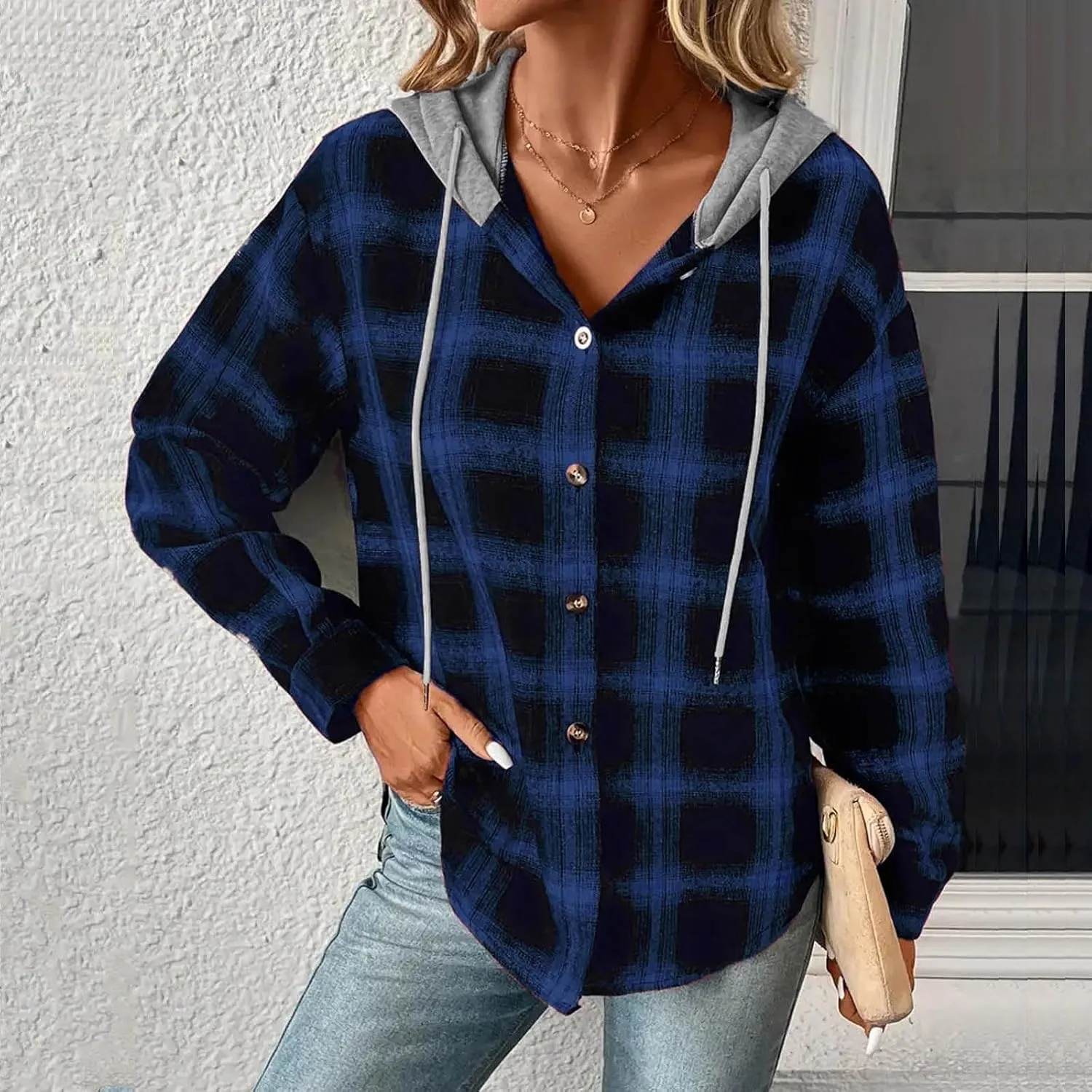 Cotton Women's Plaid Hooded Shirt Jacket Button Down Shacket Drawstring Hooded Fall Streetwear Leisure Commuting