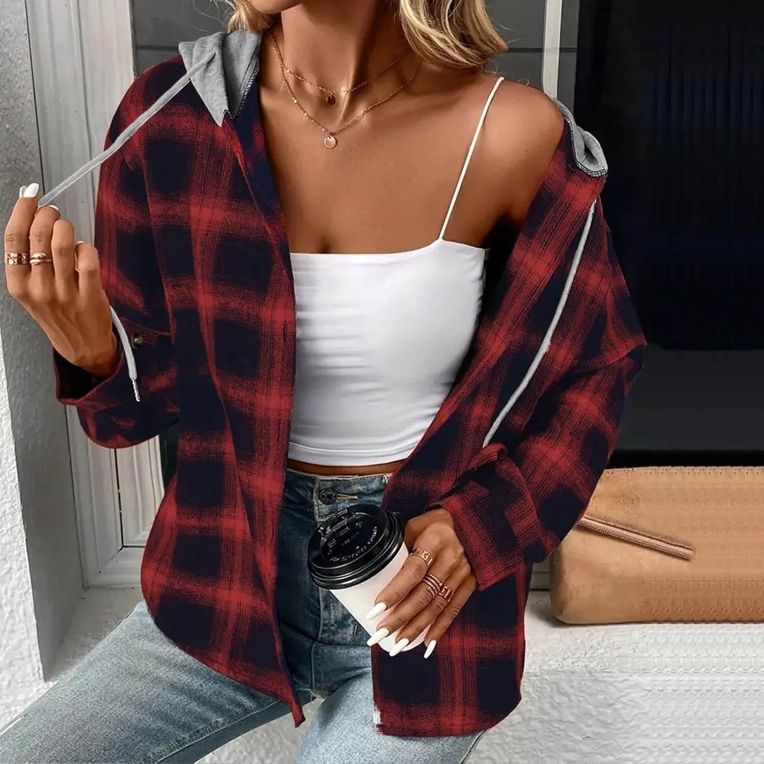 Cotton Women's Plaid Hooded Shirt Jacket Button Down Shacket Drawstring Hooded Fall Streetwear Leisure Commuting