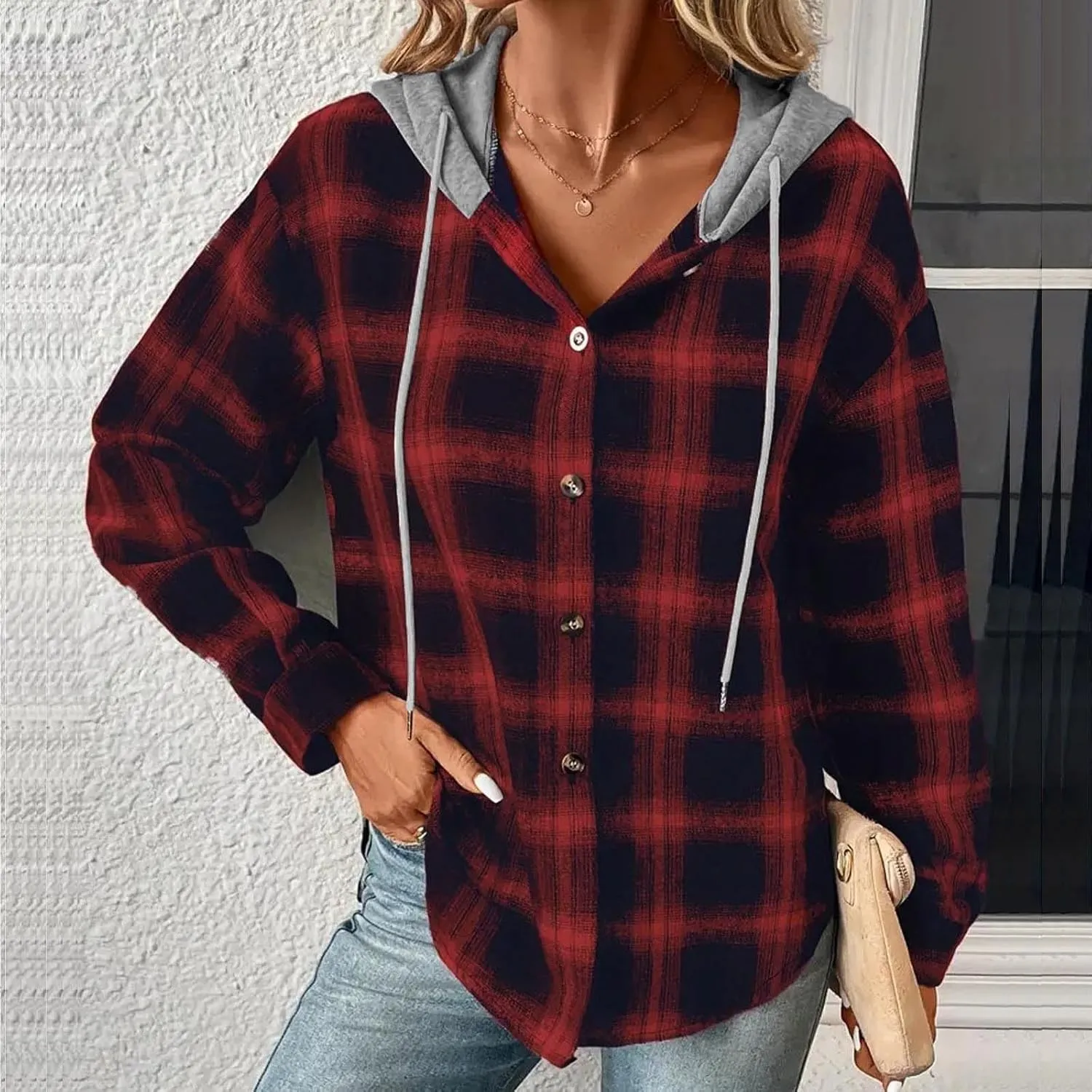 Cotton Women's Plaid Hooded Shirt Jacket Button Down Shacket Drawstring Hooded Fall Streetwear Leisure Commuting