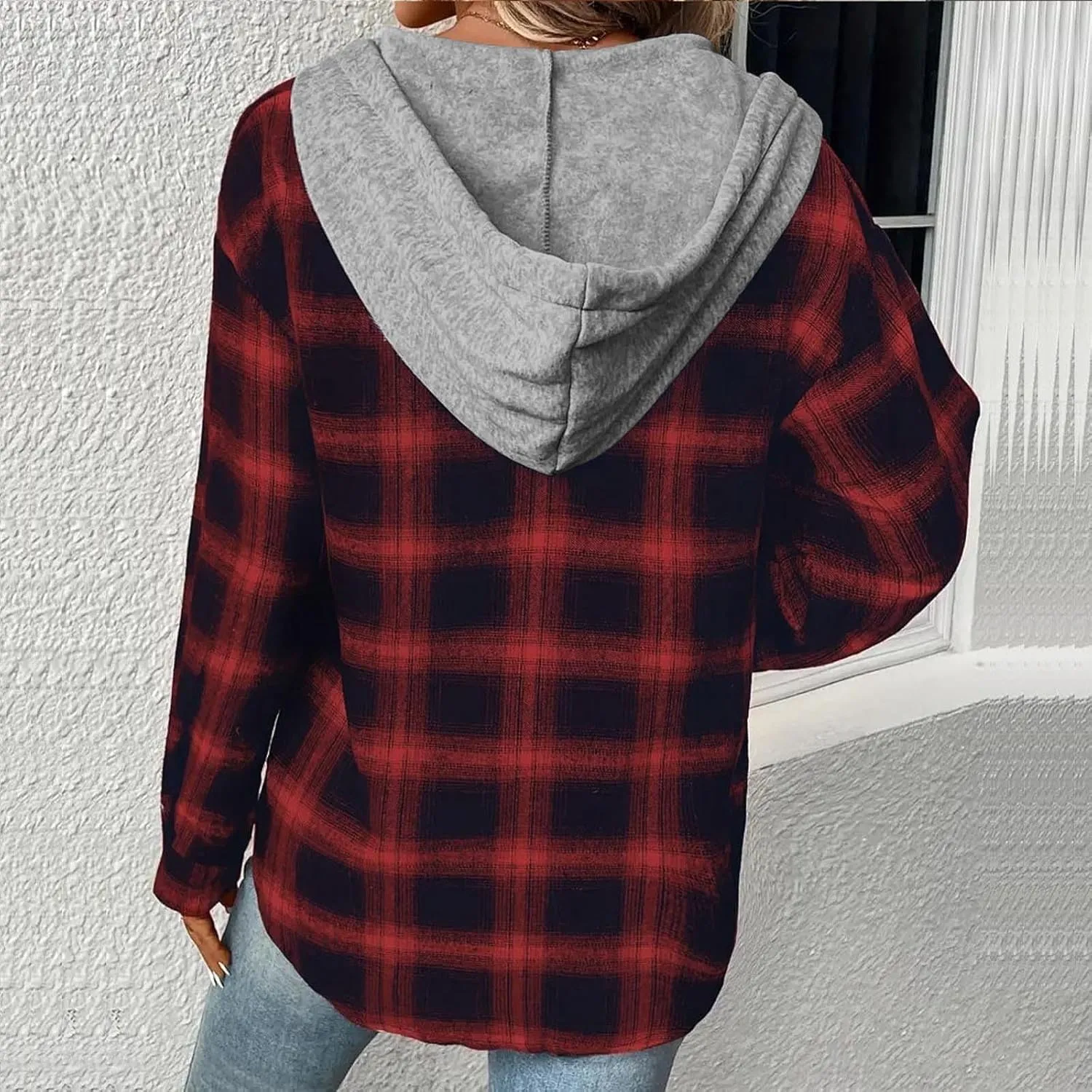 Cotton Women's Plaid Hooded Shirt Jacket Button Down Shacket Drawstring Hooded Fall Streetwear Leisure Commuting