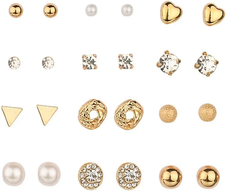 Crystal Pearl Stud Earrings Pack Bride Earring Sets for Women Rhinestone Geometric Heart Earrings Ear Studs Set Gold Earrings for Wedding Birthday Christmas Gift