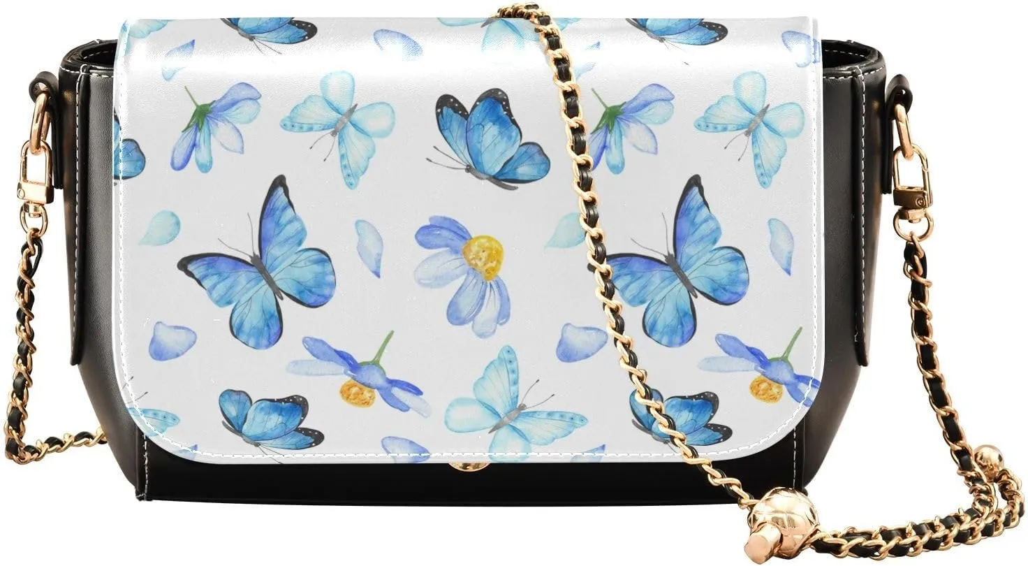 Cute Blue Butterfly Of Tropical Crossbody Bags for Women, Trendy Small Shoulder Bag, PU Leather Clutch Purse Underarm Handbag Satchel HandBag with Adjustable Metal Chain