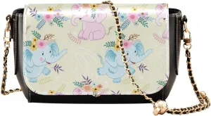 Cute Cartoon Elephant and Flowers Crossbody Bags for Women, Trendy Small Shoulder Bag, PU Leather Clutch Purse Underarm Handbag Satchel HandBag with Adjustable Metal Chain