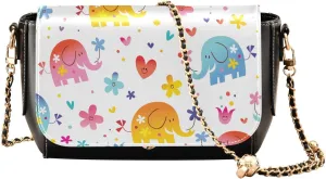Cute Elephants Pattern Crossbody Bags for Women, Trendy Small Shoulder Bag, PU Leather Clutch Purse Underarm Handbag Satchel HandBag with Adjustable Metal Chain