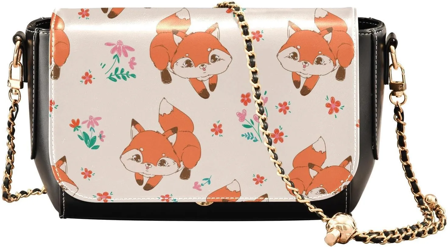 Cute Fox and Flowers Crossbody Bags for Women, Trendy Small Shoulder Bag, PU Leather Clutch Purse Underarm Handbag Satchel HandBag with Adjustable Metal Chain