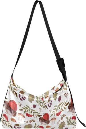 Cute Hedgehog Leaves Hobo Ladies Handbags Leather Large Crossbody Purse Floral Leaf Print Women's Shoulder Bag