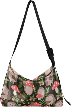 Cute Hedgehog Mushrooms Hobo Leather Bags for Women Large Crossbody Purses Leaf Animal Print Women Purse Hobo Bags