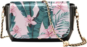 Cute Palm Leaf Red Flower Crossbody Bags for Women, Trendy Small Shoulder Bag, PU Leather Clutch Purse Underarm Handbag Satchel HandBag with Adjustable Metal Chain