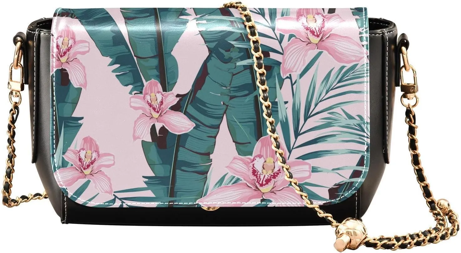 Cute Palm Leaf Red Flower Crossbody Bags for Women, Trendy Small Shoulder Bag, PU Leather Clutch Purse Underarm Handbag Satchel HandBag with Adjustable Metal Chain