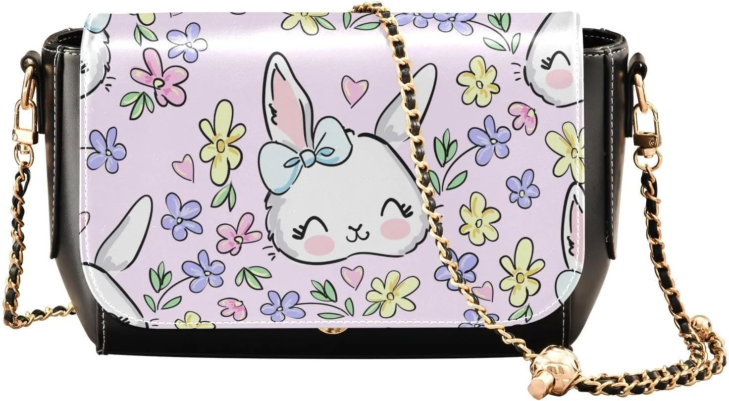 Cute Rabbits and Flower Crossbody Bags for Women, Trendy Small Shoulder Bag, PU Leather Clutch Purse Underarm Handbag Satchel HandBag with Adjustable Metal Chain