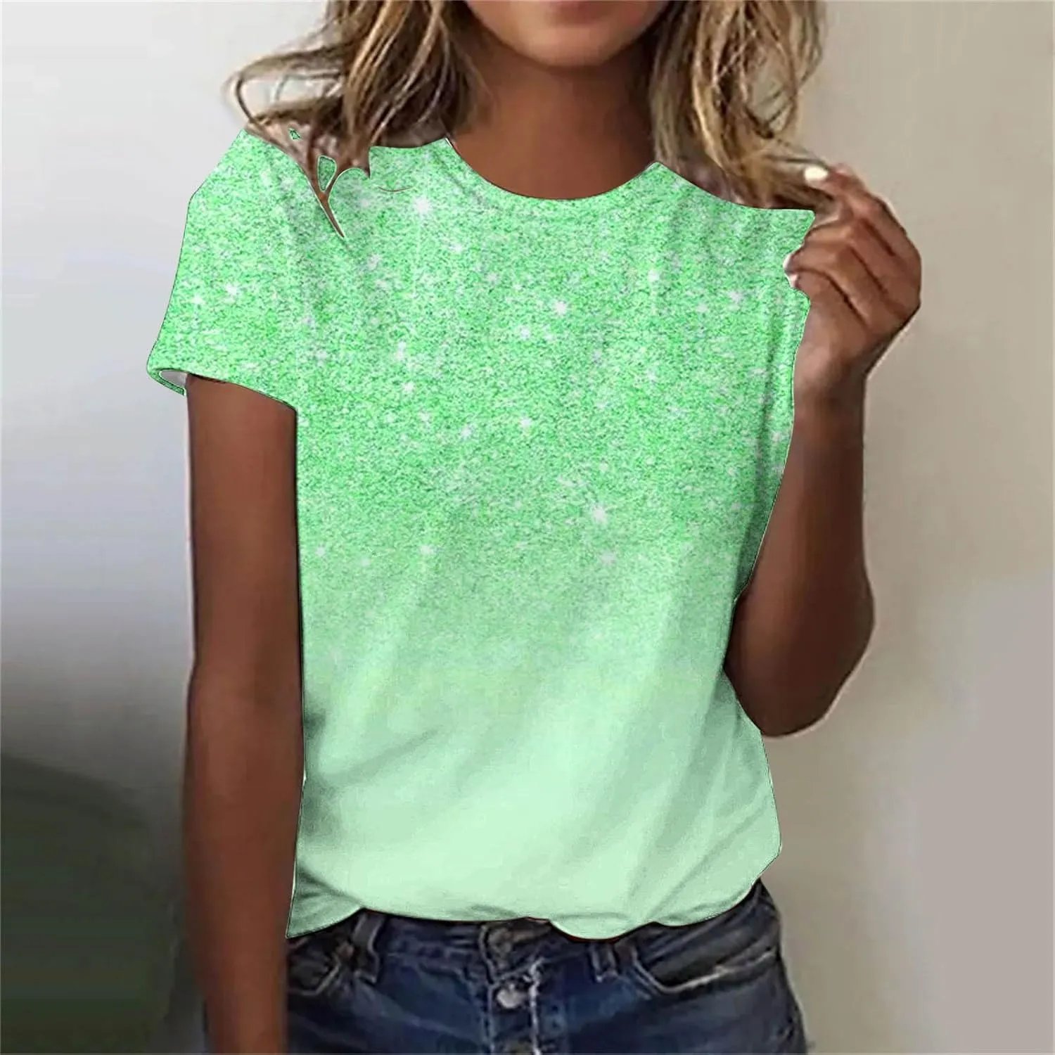 Cute Summer Shirts for Women 2024 Trendy Sparkly Print Short Sleeve Petite Tops Dressy Casual Graphic Tees