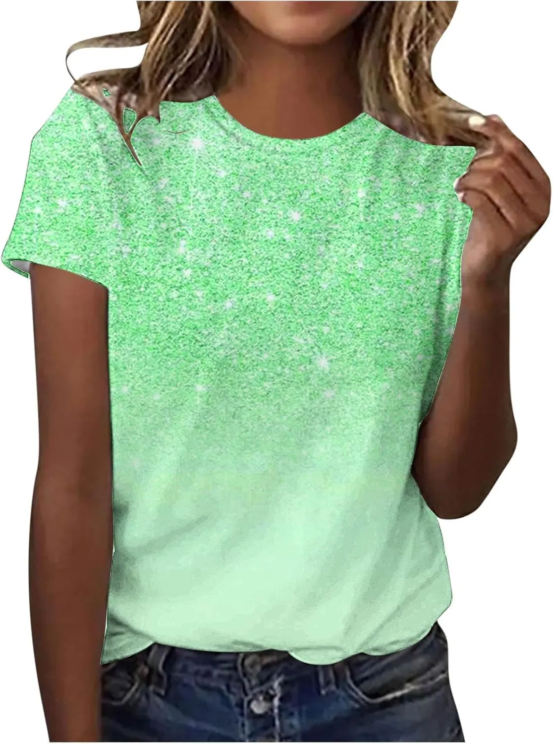 Cute Summer Shirts for Women 2024 Trendy Sparkly Print Short Sleeve Petite Tops Dressy Casual Graphic Tees
