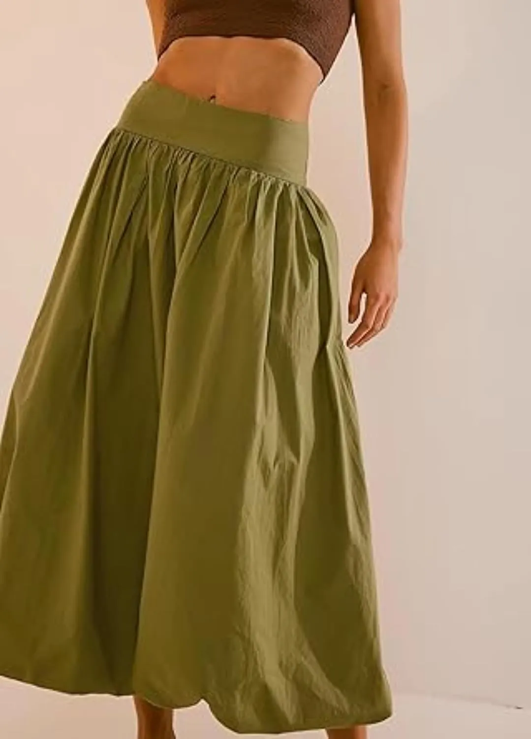 CUTEGAL Women Bubble Maxi Skirt Elastic Smocked Waist Casual Pleated Long Skirts Ruffle Balloon Midi Skirt Streetwear