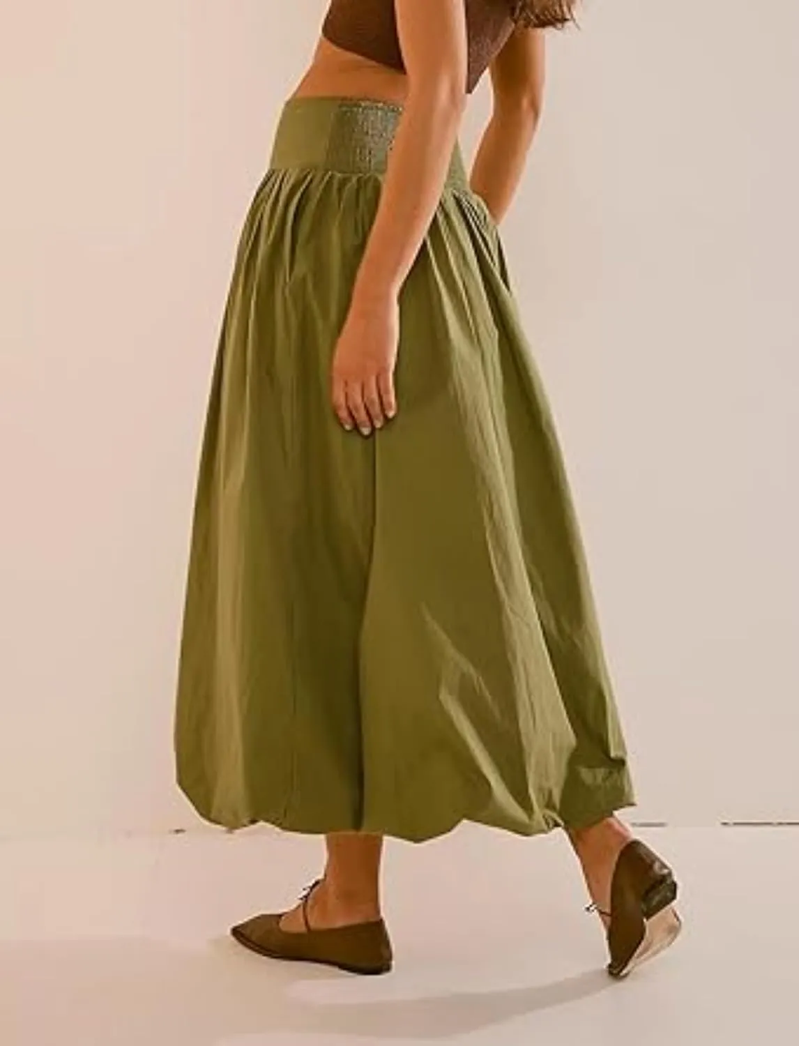 CUTEGAL Women Bubble Maxi Skirt Elastic Smocked Waist Casual Pleated Long Skirts Ruffle Balloon Midi Skirt Streetwear