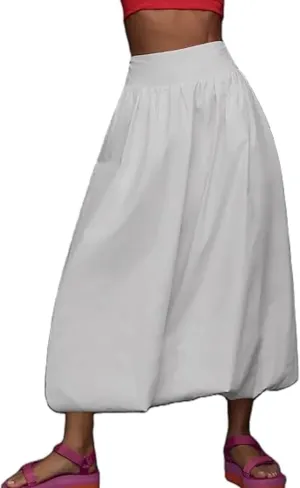 CUTEGAL Women Bubble Maxi Skirt Elastic Smocked Waist Casual Pleated Long Skirts Ruffle Balloon Midi Skirt Streetwear