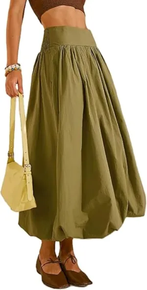 CUTEGAL Women Bubble Maxi Skirt Elastic Smocked Waist Casual Pleated Long Skirts Ruffle Balloon Midi Skirt Streetwear