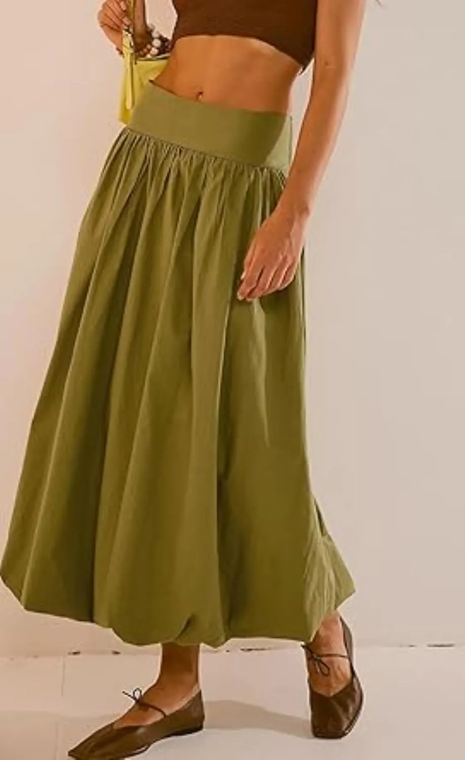 CUTEGAL Women Bubble Maxi Skirt Elastic Smocked Waist Casual Pleated Long Skirts Ruffle Balloon Midi Skirt Streetwear