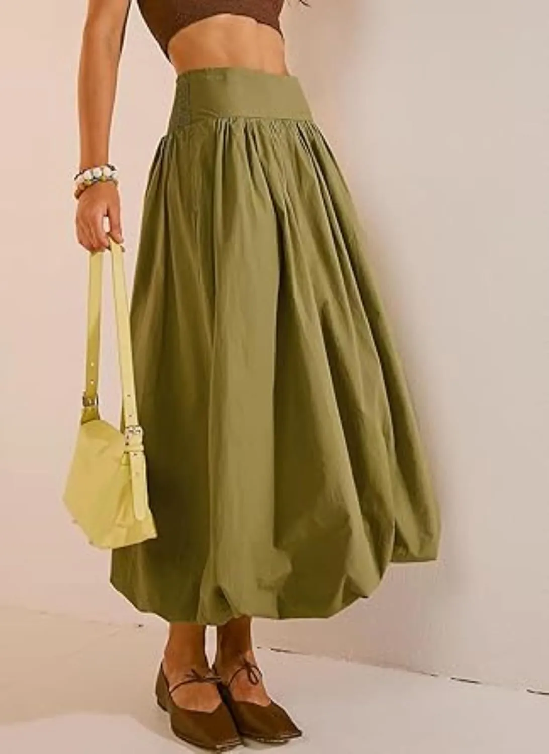 CUTEGAL Women Bubble Maxi Skirt Elastic Smocked Waist Casual Pleated Long Skirts Ruffle Balloon Midi Skirt Streetwear