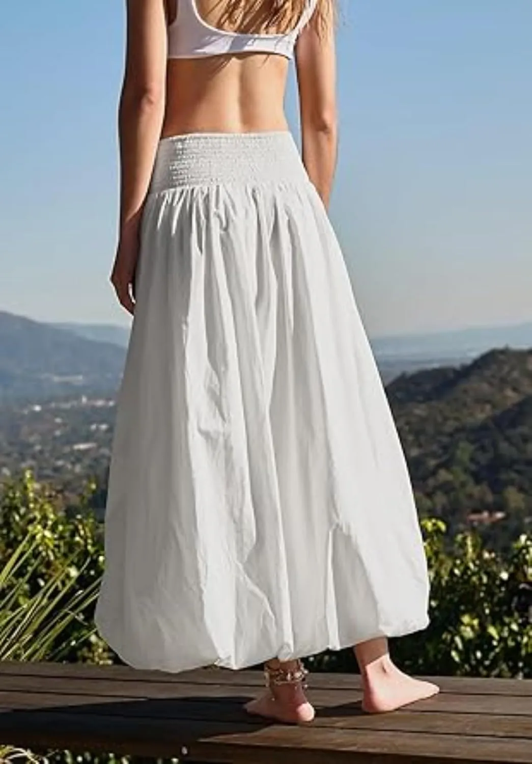 CUTEGAL Women Bubble Maxi Skirt Elastic Smocked Waist Casual Pleated Long Skirts Ruffle Balloon Midi Skirt Streetwear