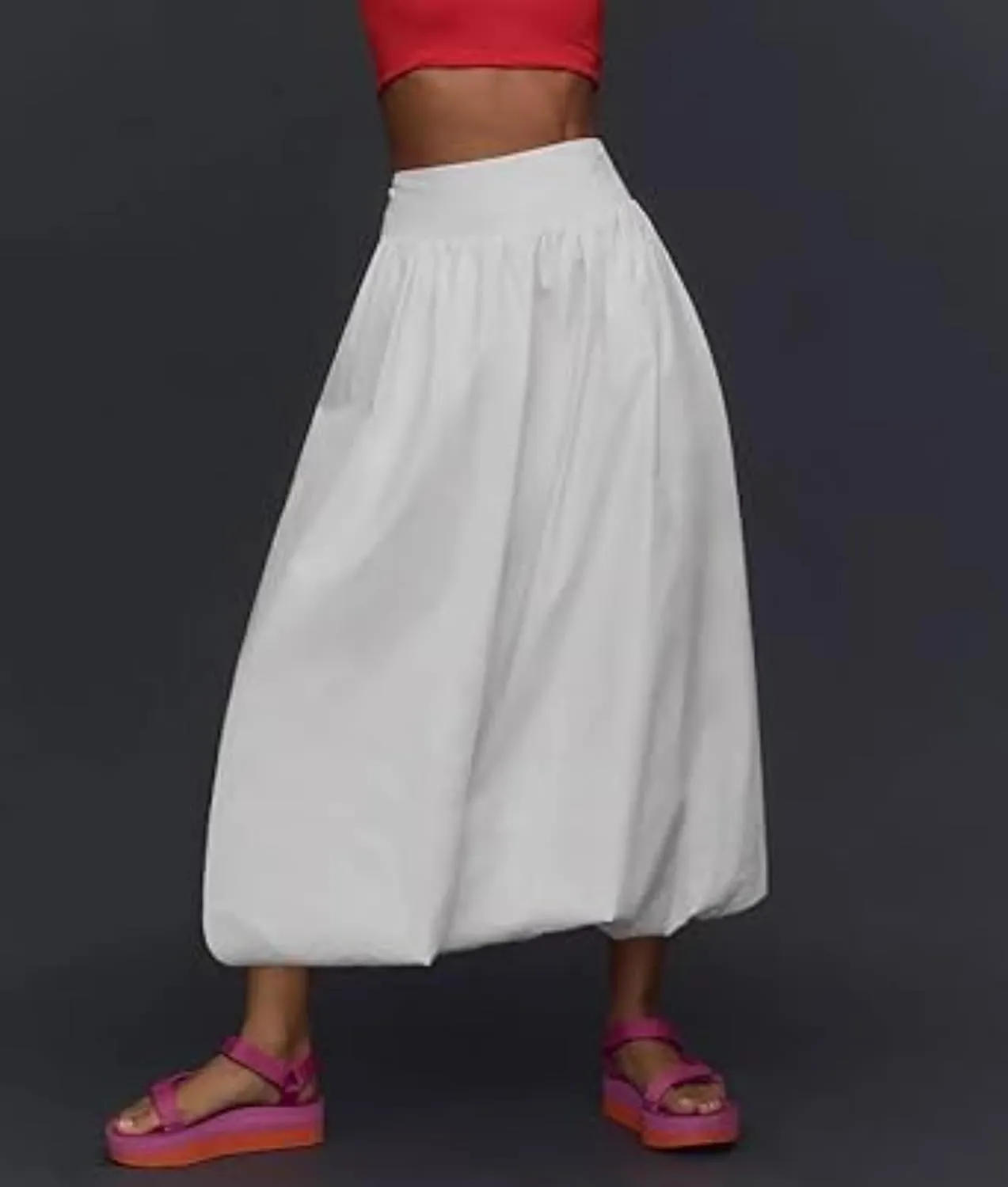 CUTEGAL Women Bubble Maxi Skirt Elastic Smocked Waist Casual Pleated Long Skirts Ruffle Balloon Midi Skirt Streetwear