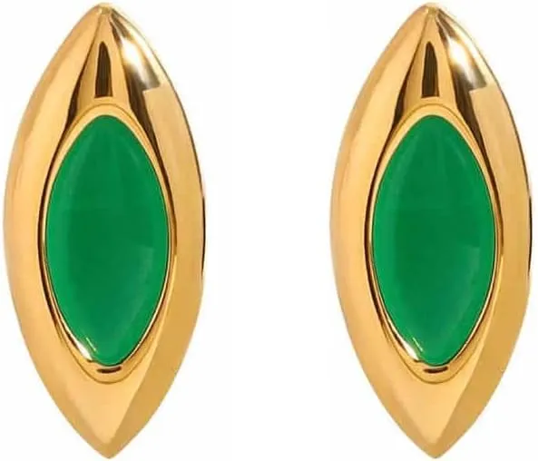 Dainty Oval Onyx Stud Earrings for Women 14k Gold Plated Stainless Steel Minimalist Geometric Black/Green Agate Statement Studs Earrings Hypoallergenic Fashion Trendy Jewelry Wedding Party for Her