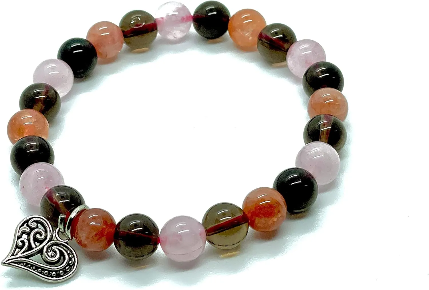 Dce Triple Stone Optimum Anti Depression Gemstone Bracelet Handmade - Smoky Quartz Rose Quartz Sunstone Beaded Combo Bracelets Healing Crystal Unisex 8Mm By Dazzling Crystal Exports