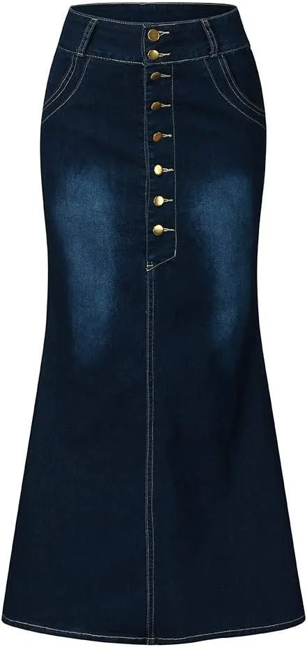 Denim Skirt for Women High Waisted A-Line Button Wrap Denim Jean Skirt Mini Skirts Stretch Ripped Skirts