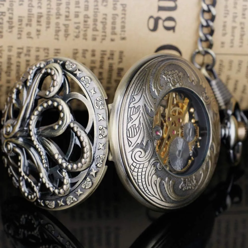 Dentily Hand Winding Hollow Roman Numerals Mechanical Pocket Watch Steampunk Mens Watches