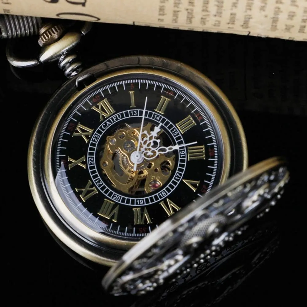 Dentily Hand Winding Hollow Roman Numerals Mechanical Pocket Watch Steampunk Mens Watches