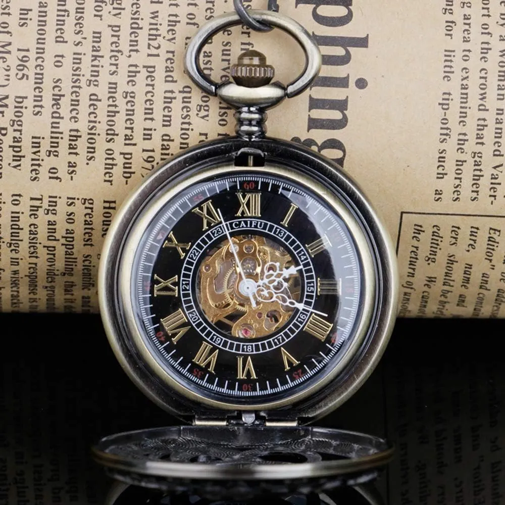 Dentily Hand Winding Hollow Roman Numerals Mechanical Pocket Watch Steampunk Mens Watches