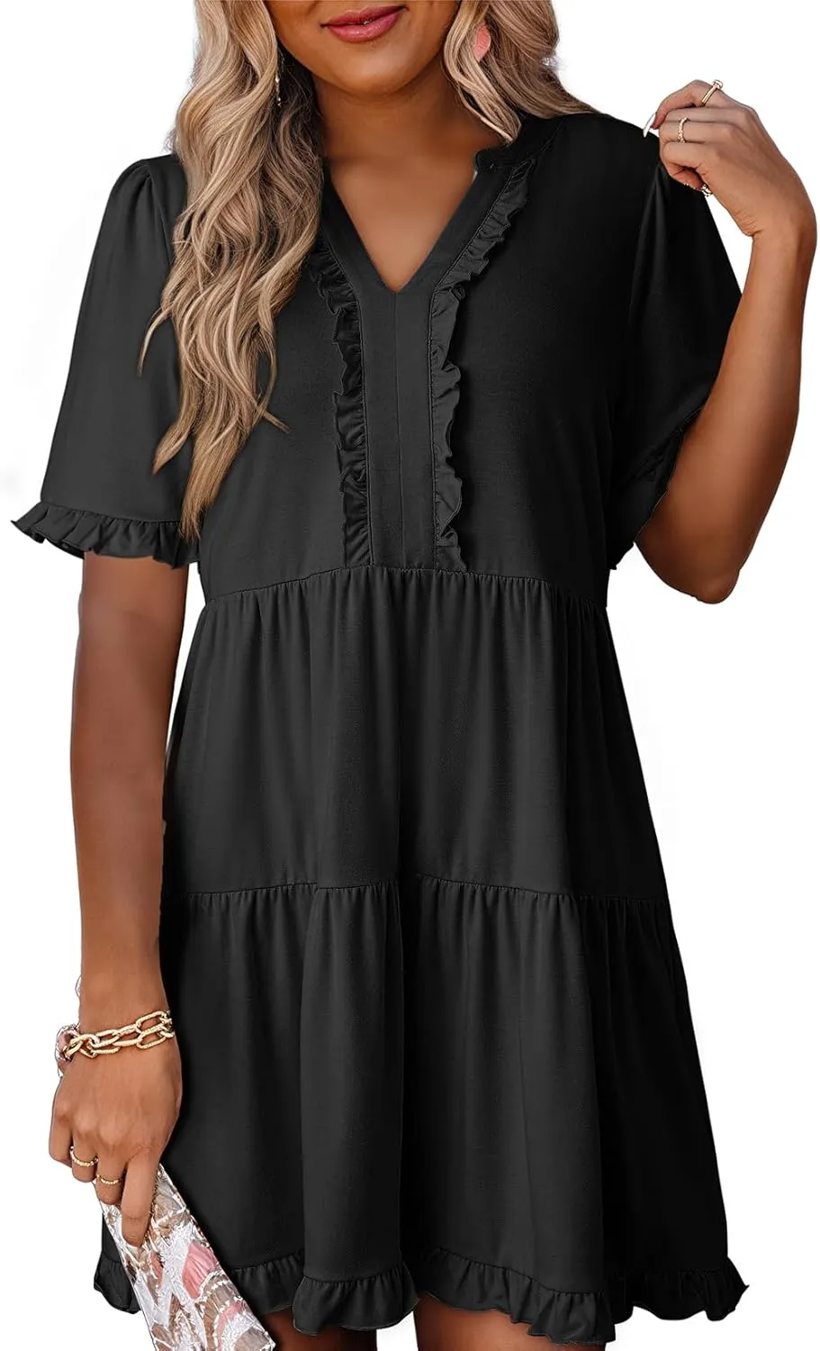 Dokotoo Womens Dresses 2025 Summer Spring V Neck Short Sleeve Casual A Line Flowy Swing Shift Dress Mini Dress