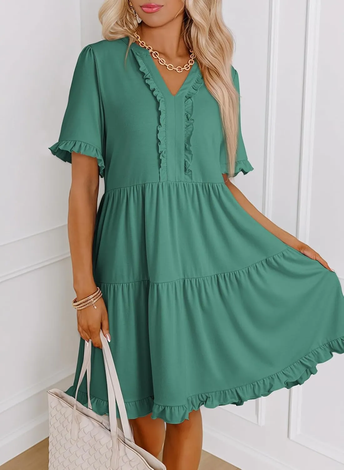 Dokotoo Womens Dresses 2025 Summer Spring V Neck Short Sleeve Casual A Line Flowy Swing Shift Dress Mini Dress