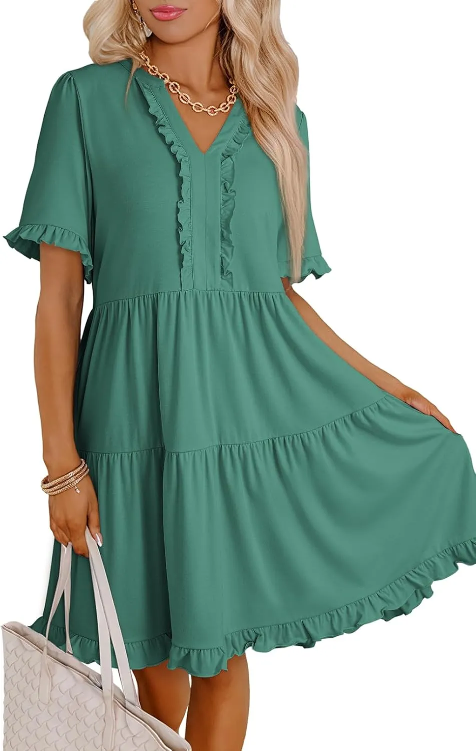 Dokotoo Womens Dresses 2025 Summer Spring V Neck Short Sleeve Casual A Line Flowy Swing Shift Dress Mini Dress