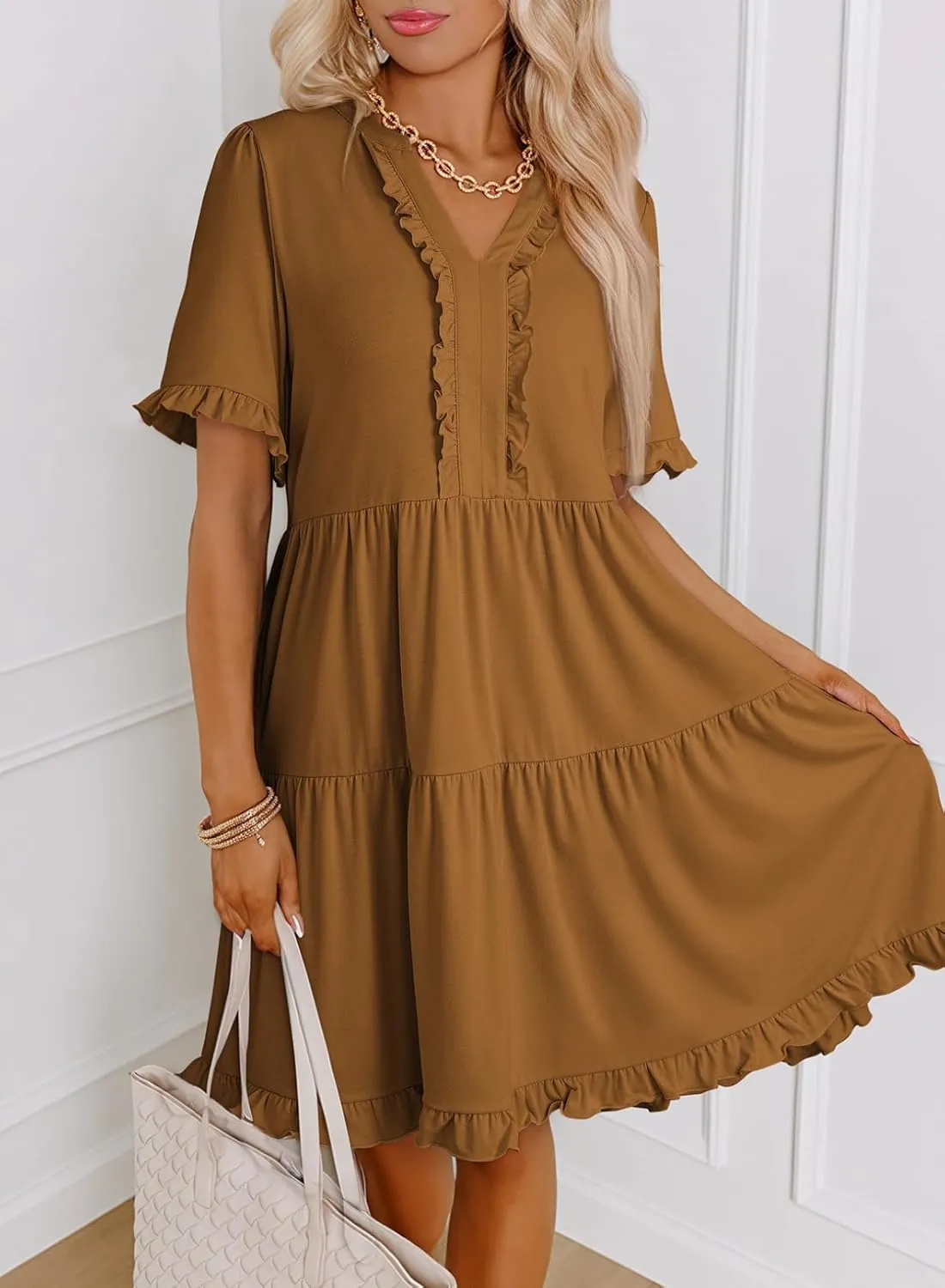 Dokotoo Womens Dresses 2025 Summer Spring V Neck Short Sleeve Casual A Line Flowy Swing Shift Dress Mini Dress