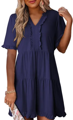 Dokotoo Womens Dresses 2025 Summer Spring V Neck Short Sleeve Casual A Line Flowy Swing Shift Dress Mini Dress