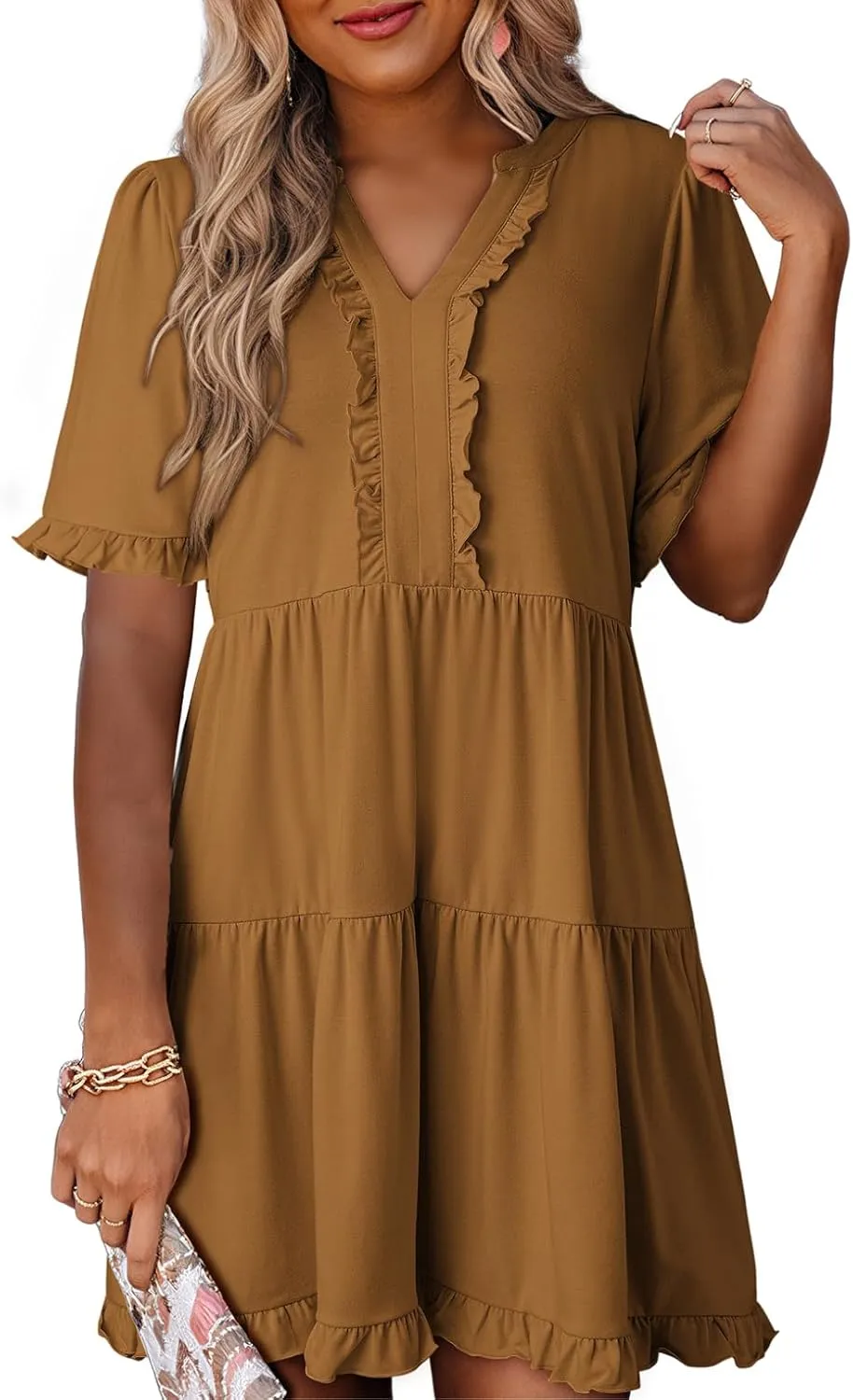 Dokotoo Womens Dresses 2025 Summer Spring V Neck Short Sleeve Casual A Line Flowy Swing Shift Dress Mini Dress