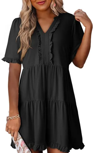 Dokotoo Womens Dresses 2025 Summer Spring V Neck Short Sleeve Casual A Line Flowy Swing Shift Dress Mini Dress