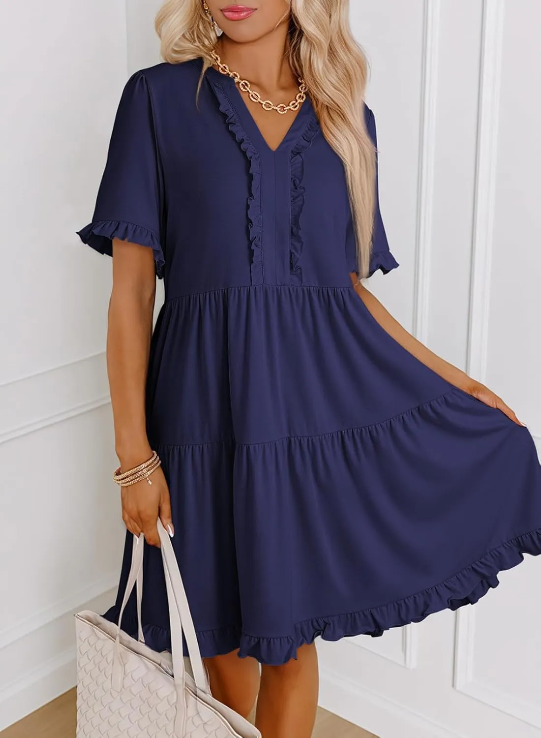 Dokotoo Womens Dresses 2025 Summer Spring V Neck Short Sleeve Casual A Line Flowy Swing Shift Dress Mini Dress