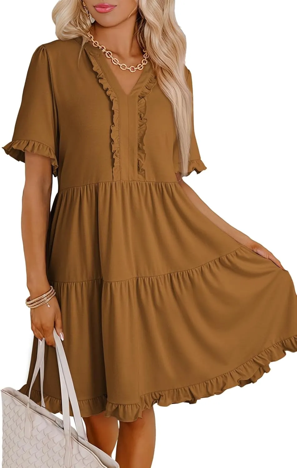 Dokotoo Womens Dresses 2025 Summer Spring V Neck Short Sleeve Casual A Line Flowy Swing Shift Dress Mini Dress