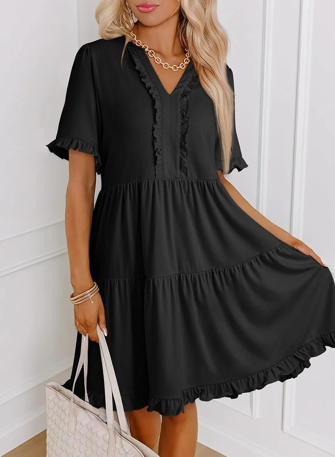 Dokotoo Womens Dresses 2025 Summer Spring V Neck Short Sleeve Casual A Line Flowy Swing Shift Dress Mini Dress